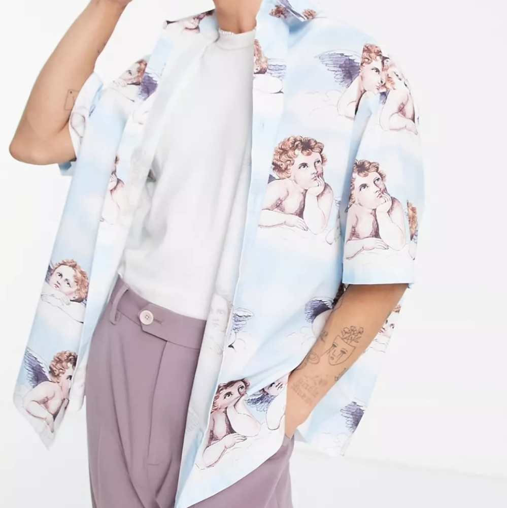 ASOS DESIGN boxy oversized shirt in cherub print